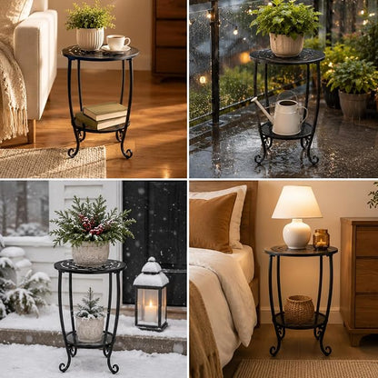 Metal Round Side Table Set of Two Black Accent Coffee Tables Small Space Corner Plant Stand Shelf for Indoor Outdoor Porch Patio Balcony Living Room End Table with Storage