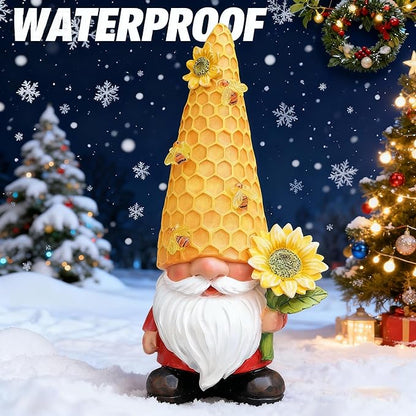 12.3''Garden Gnomes Outdoor Statues Clearance for Garden Decor with Solar Bee Lights,Christmas Decorations Gnomes Outside Decor - Sunflower Gift for Women Mom,Yard Art Ornament for Patio Lawn