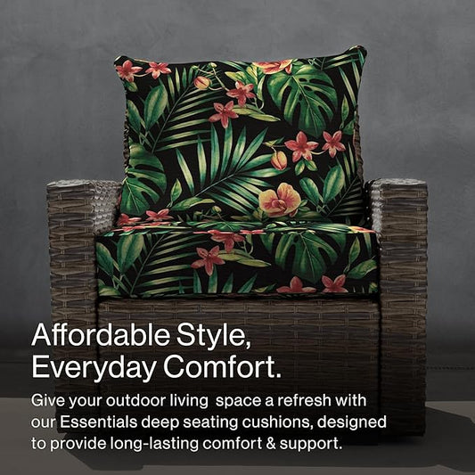 Honeycomb Outdoor Essentials Deep Seat, 24 x 24, Oahu Tropical Black Chair Cushion for Patio Furniture