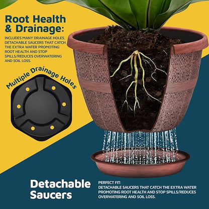 10-Inch Whiskey Barrel Planters Outdoor Pack of 5 - Durable Plastic Plant Pots for Indoor & Outdoor Use with Drainage & Saucer, Lightweight Rustic Barrel Planters for Flowers, Herbs & Small Plants