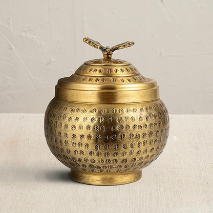 Creative Co-Op Round Hammered Metal Container with Butterfly Finial, Brass Finish