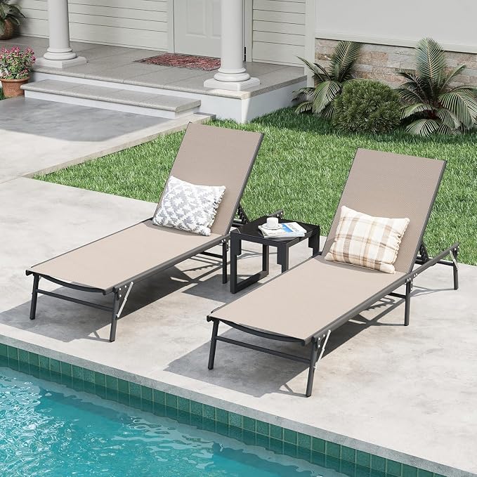 Amopatio Outdoor Lounge Chairs Poolside Chaise Lounge for Patio Set of 2 | with Side Table Foldable Stackble Fully Assembled Weather Resistant 5-Position Adjustable Backrest 400LBS Capacity