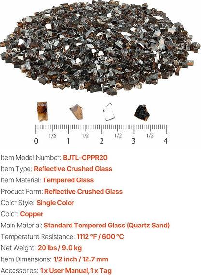 VEVOR Fire Glass, 20 LBS / 9.0 KG High-Temperature Resistant Fireplace Rocks, 1/2-Inch / 12.7 mm Reflective & Smokeless Firepit Glass Rock, High Luster Stone Landscaping for Fire Pit Table, Copper