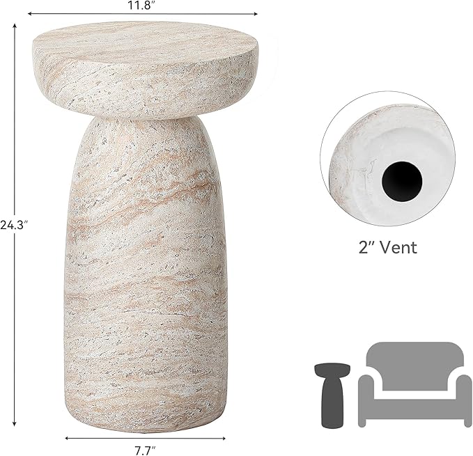 Side Table, 24''H Faux Travertine Look Accent Coffee Table, Durable Lightweight Patio Decorative Modern End Table, Weatherproof Indoor Outdoor Garden Stool for Living Room Balcony