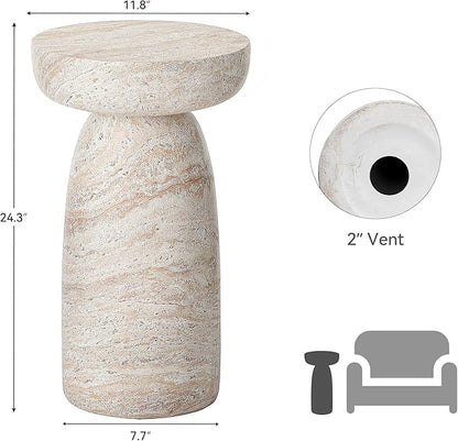 Side Table, 24''H Faux Travertine Look Accent Coffee Table, Durable Lightweight Patio Decorative Modern End Table, Weatherproof Indoor Outdoor Garden Stool for Living Room Balcony