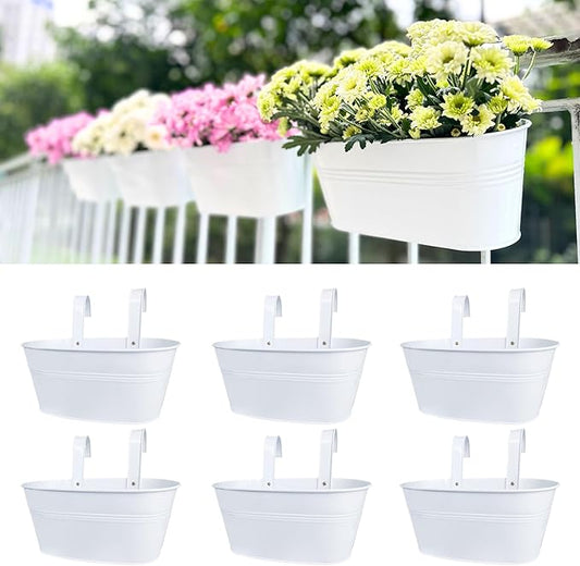 LaLaGreen Rail Planters for Outdoor (6 Pack, 11.2 Inch) White Metal Iron Hanging Flower Pots, Deck Railing Strawberry Planter Fence Bucket Wall Mount Window Box Plant Holder with Hooks Porch Decor