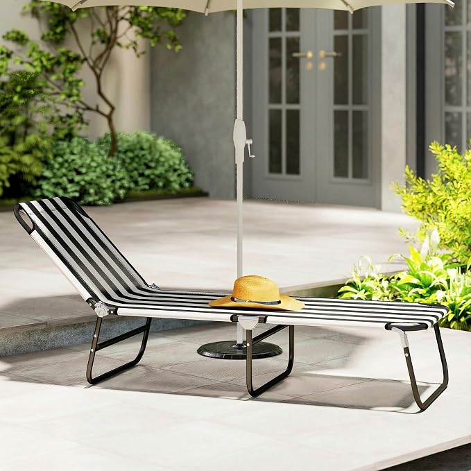 Outsunny Folding Chaise Lounge Chair with 5-Level Back, Black and White | Pool Sun Tanning Chairs, Breathable Mesh Seat, Headrest, for Pool, Beach, Yard, Patio, Outside