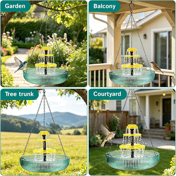 3-Tier Hanging Solar Bird Bath Fountain, Solar Pump Cascading Water Feeder with 16.4FT Extra Long Cord, Large Bird Bowl for Hummingbirds Wild Birds (1pcs-Solar Bird Bath Fountain)