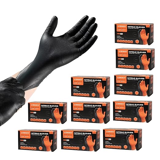10mil Nitrile-Gloves Disposable - Chemical-Resistant Rubber - Mechanic Gloves Heavy Duty, Latex Free, Diamond Grip (1000,Black Medium)