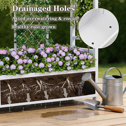 74" Mobile Planter with Trellis,Weatherproof Vertical Raise Garden Bed with Trellis & Hanging Roof for Climbing Plants,Flowers,Vegetables,Rust-Proof Metal Privacy Planter for Patio (White-B)