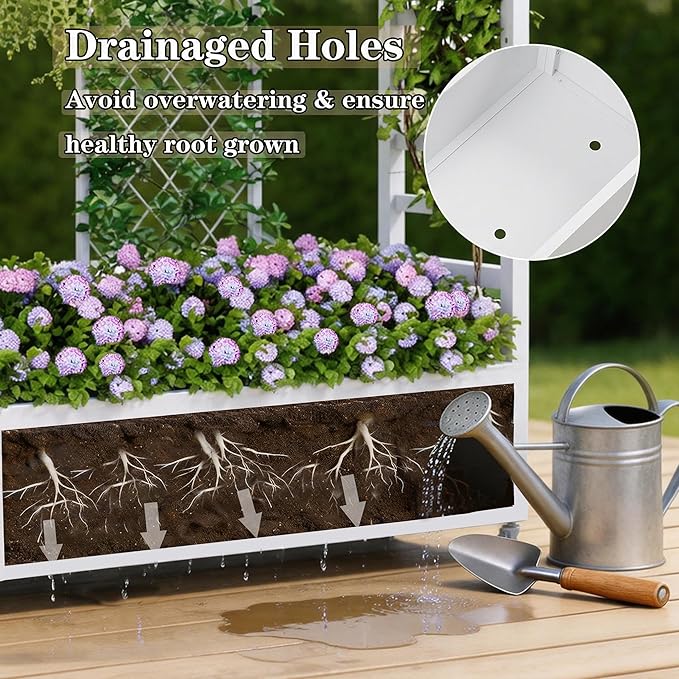 74" Mobile Planter with Trellis,Weatherproof Vertical Raise Garden Bed with Trellis & Hanging Roof for Climbing Plants,Flowers,Vegetables,Rust-Proof Metal Privacy Planter for Patio (White-A)