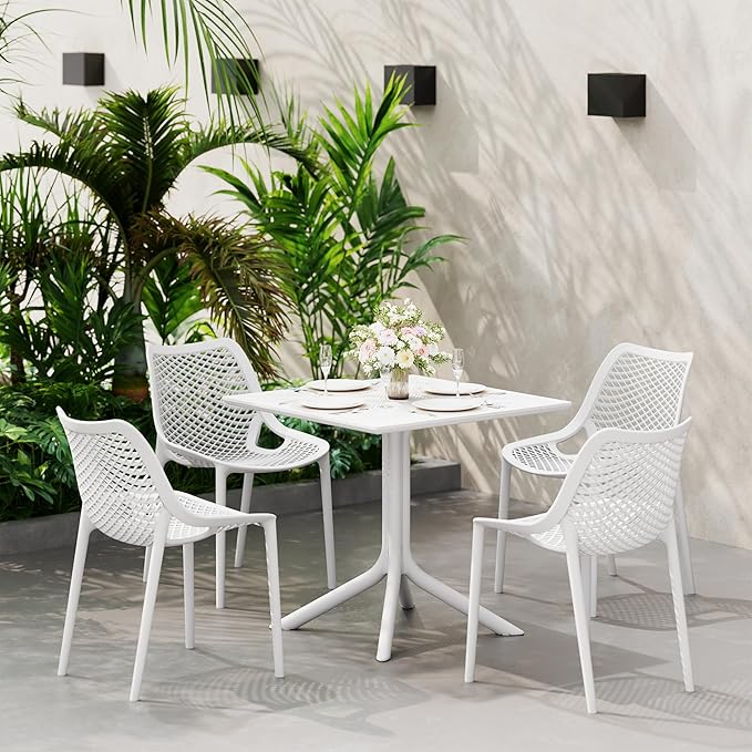 Costaelm Dining Room Chairs Set of 4, HDPE Patio Square Coffee Table and Stackable Chairs, Outdoor Deck Furnitures All Weather for Backyard Poolside, White