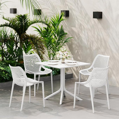 Costaelm Dining Room Chairs Set of 4, HDPE Patio Square Coffee Table and Stackable Chairs, Outdoor Deck Furnitures All Weather for Backyard Poolside, White