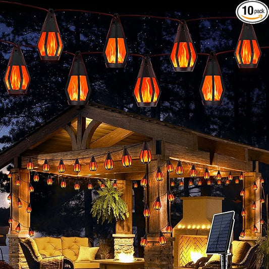 Solar String Lights for Outside, 21Ft Solar Gazebo Lights with 10 Flickering Flame Light Bulbs, Waterproof Red Solar Powered Outdoor Light for Garden Blackyard Patio porch Bistro Cafe Halloween Decor