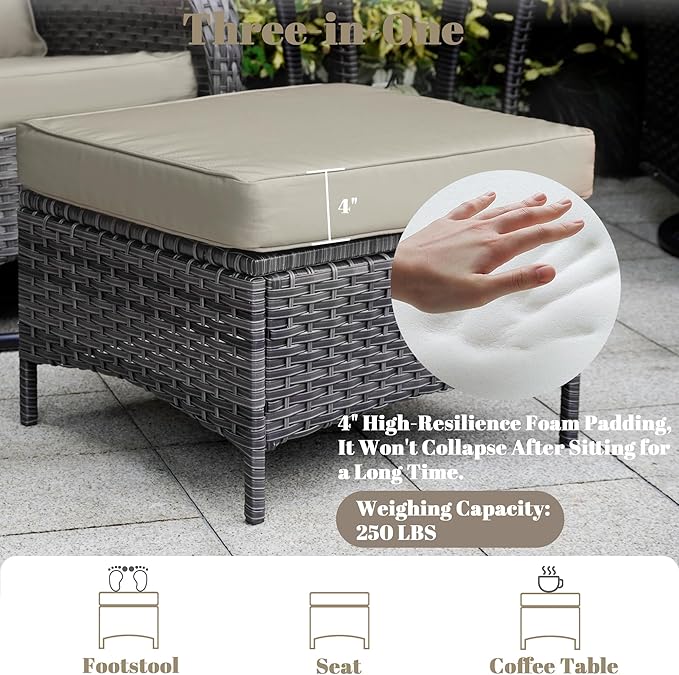 5 Piece Outdoor Patio Furniture Set,Wicker Patio Conversation Set with Swivel Glider Chairs,Wicker Rocking Swivel Chairs Set with Ottomans/Side Coffee Table for Backyard,Deck,Balcony,Khaki