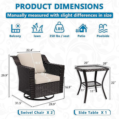 VistaVibe 3 Pieces Outdoor Patio Conversation Furniture Set - 360 Degree Swivel Glider Rocker Chairs | Wicker End Table, Washable Cushions, Hand-Woven PE Rattan, Lawn, Sunroom (Brown/Beige)