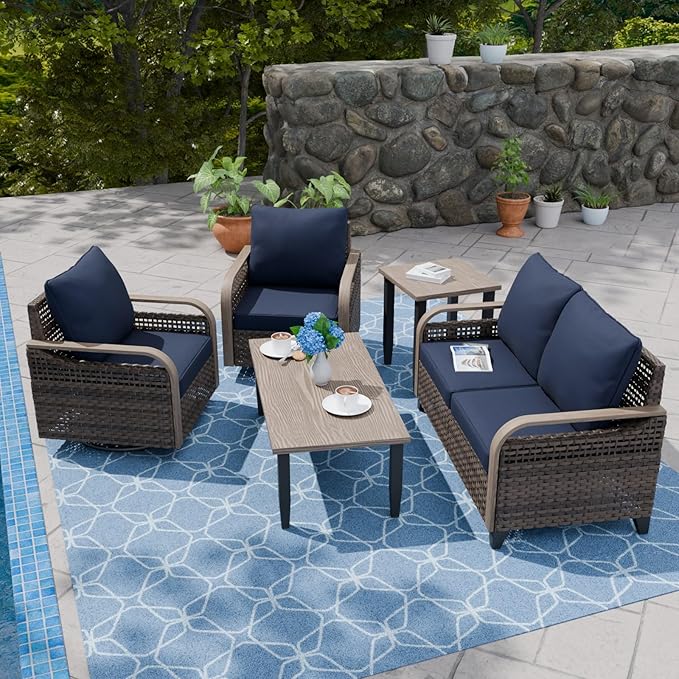 COOS BAY Modern Wicker Outdoor Furniture Set, Patio Conversation Set with Swivel Rockers, 2 Seat Loveseat, Coffee Table and Side Table, 5 Piece, Brown/Blue