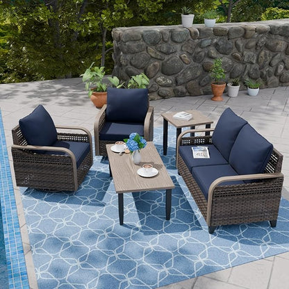 COOS BAY Modern Wicker Outdoor Furniture Set, Patio Conversation Set with Swivel Rockers, 2 Seat Loveseat, Coffee Table and Side Table, 5 Piece, Brown/Blue