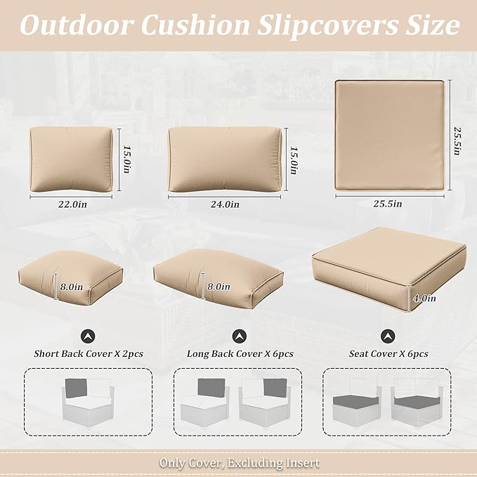 14 Pcs Outdoor Cushion Slipcovers Outdoor Patio Cushion Covers Replacement Waterproof with Zipper for Outdoor Furniture, Patio Sofa Couch 3 Sizes, Covers Only