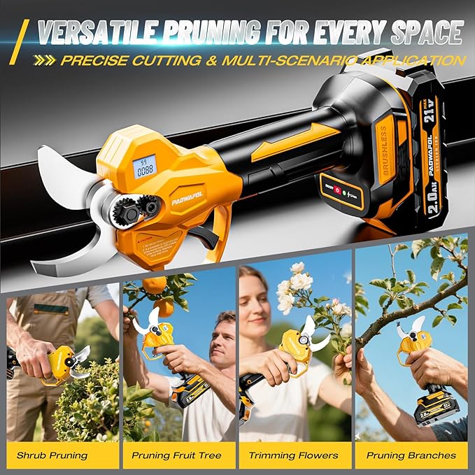 2.05"/ 56mm Electric Pruning Shears, Cordless Electric Scissors LCD Display＆SK7 Blades, 21V Brushless Motor Branch Cutter with 2 PCS Rechargeable 2000mAh Batteries & 2 Blades (Yellow)