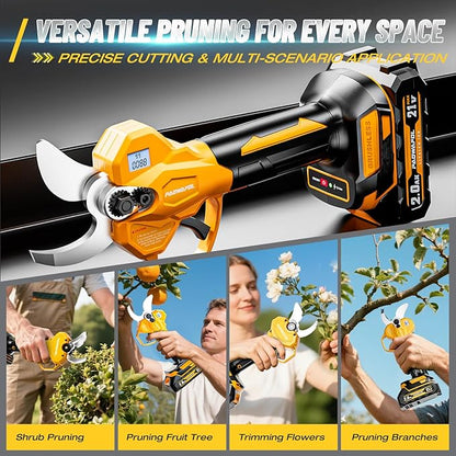 2.05"/ 56mm Electric Pruning Shears, Cordless Electric Scissors LCD Display＆SK7 Blades, 21V Brushless Motor Branch Cutter with 2 PCS Rechargeable 2000mAh Batteries & 2 Blades (Yellow)