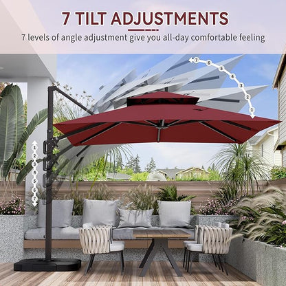 10' X 10' Cantilever Patio Umbrella Outdoor with Base Included Heavy Duty Double Top Windproof Square Offset Umbrellas with 360-degree Rotation for Pool Deck Backyard, Wine Red