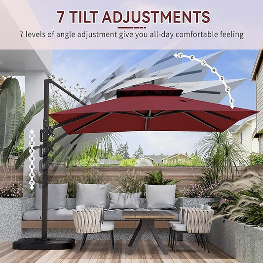 10' X 10' Cantilever Patio Umbrella Outdoor with Base Included Heavy Duty Double Top Windproof Square Offset Umbrellas with 360-degree Rotation for Pool Deck Backyard, Wine Red