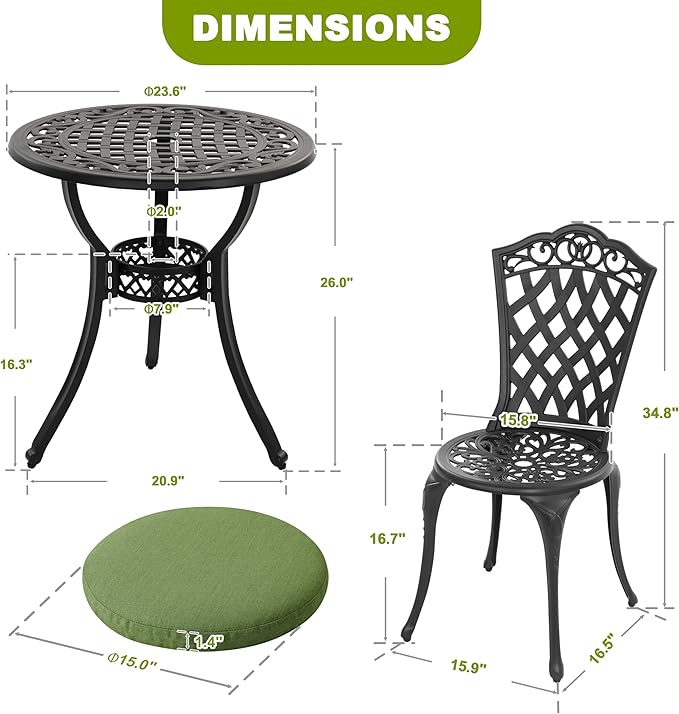 NUU GARDEN 3-Piece Outdoor Bistro Set, Cast Aluminum Patio Table and 2 Chairs with Green Cushions and Umbrella Hole, Weather-Resistant Furniture Set for Garden, Balcony, Porch, Black