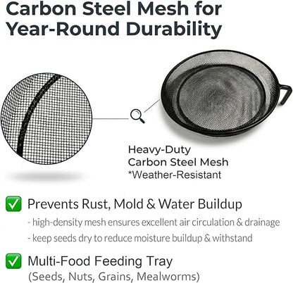 Deck Bird Feeder & Bird Bath for Railing – No-Drill Clamp Fits Balcony, Deck & Fence up to 1.97"/5cm – Rust-Resistant Metal Mesh Tray + Windproof Water Bowl Combo, Wild Bird Feeding Station with Brush