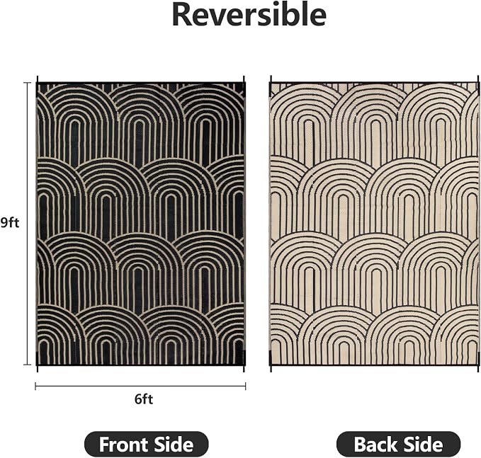 Anidaroel Patio Rugs Outdoor 6’x9’ Clearance Waterproof, Reversible Rainbow Outdoor Plastic Straw Outside Rugs, RV Outdoor Rugs for Camping, Porch, Balcony, Backyard (Black&Brown, 6‘X9')