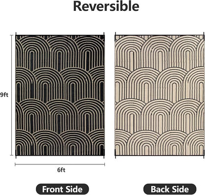 Anidaroel Patio Rugs Outdoor 6’x9’ Clearance Waterproof, Reversible Rainbow Outdoor Plastic Straw Outside Rugs, RV Outdoor Rugs for Camping, Porch, Balcony, Backyard (Black&Brown, 6‘X9')
