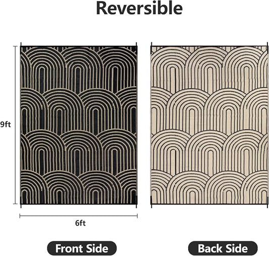 Anidaroel Patio Rugs Outdoor 6’x9’ Clearance Waterproof, Reversible Rainbow Outdoor Plastic Straw Outside Rugs, RV Outdoor Rugs for Camping, Porch, Balcony, Backyard (Black&Brown, 6‘X9')