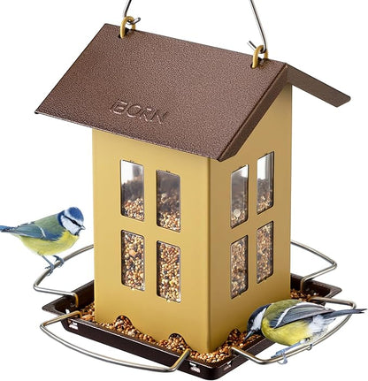 iBorn Bird Feeder House, Metal Bird Feeders for Outdoors Hanging,Double-Sided Metal Hanger & Weatherproof, Easy to Clean & Refill, 2.2 Lbs Capacity, Muted Yellow