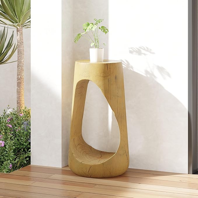 GDFStudio Outdoor Side Table, Lightweight Concrete Patio End Table, Hollow Decorative Garden Stool Accent Table with Wood-Like Texture,MGO Side Table for Balcony, Poolside, or Backyard, Natural Color