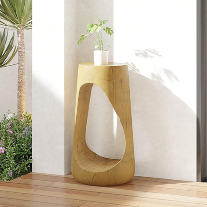 GDFStudio Outdoor Side Table, Lightweight Concrete Patio End Table, Hollow Decorative Garden Stool Accent Table with Wood-Like Texture,MGO Side Table for Balcony, Poolside, or Backyard, Natural Color