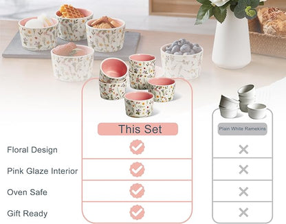 ONEMORE 6 oz Ramekins Oven Safe, Floral Ceramic Ramekin Set of 6 Pink Ramekins for Baking & Serving, Creme Brulee Dishes, Custard Pudding Souffle Cups, Small Dessert Bowls for Oven, Air Fryer