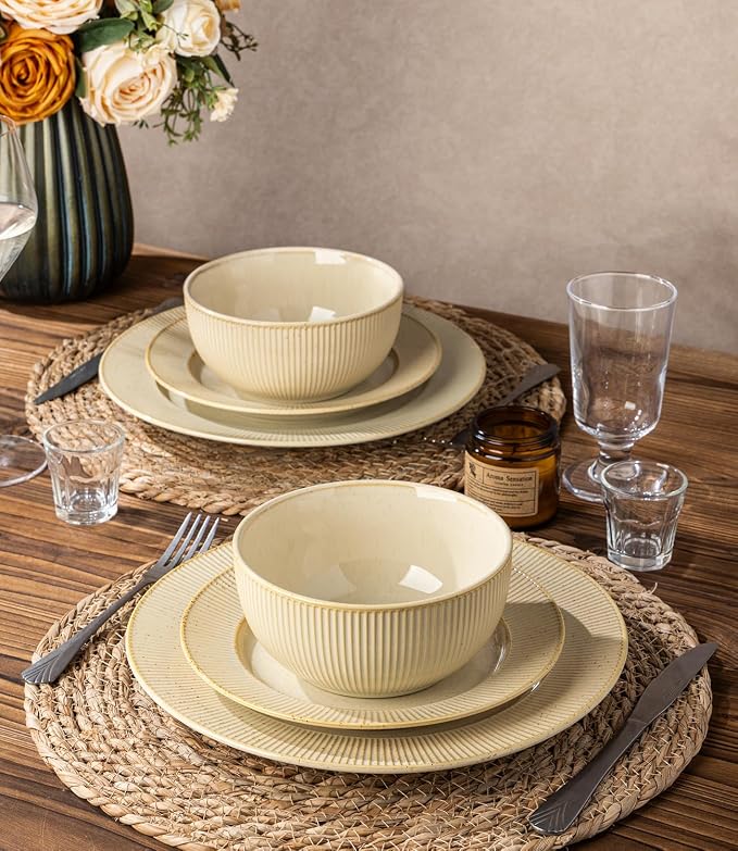 TheTerra Ceramic Dinnerware Set for 4, 12-Piece Plates and Bowls Set | Lightweight Porcelain Dish Set, Scratch Resistant, Oven & Microwave & Dishwasher Safe, Cream Latte