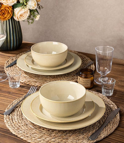 TheTerra Ceramic Dinnerware Set for 4, 12-Piece Plates and Bowls Set | Lightweight Porcelain Dish Set, Scratch Resistant, Oven & Microwave & Dishwasher Safe, Cream Latte