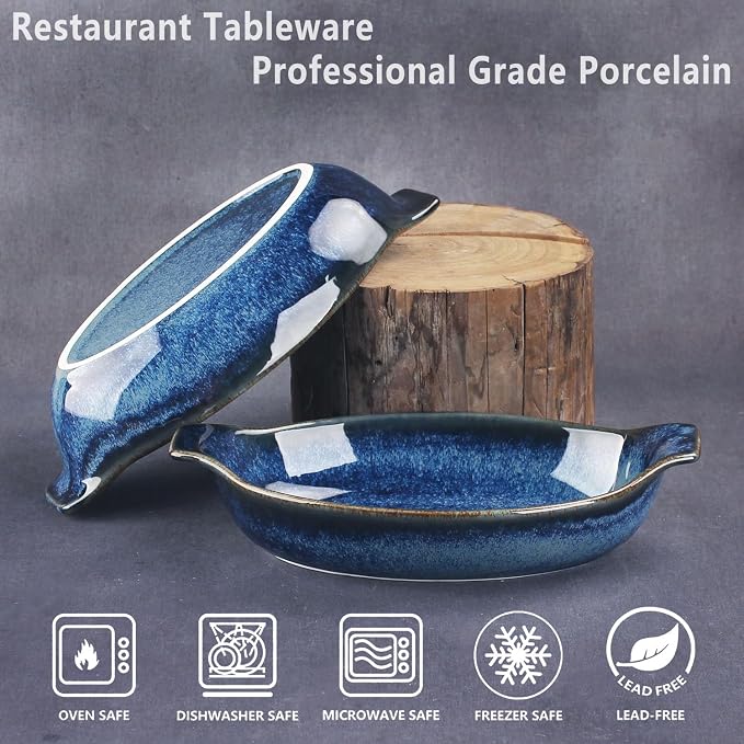 Ceramics Au Gratin baking Dishes Set of 2, Baking Tray Bake ware, 10.5 oz Ramekins, for Pie Pan, Appetizer, Tart, Dessert, Quiche, Oven Small dish, individual dishes Oval 9.3 Inch