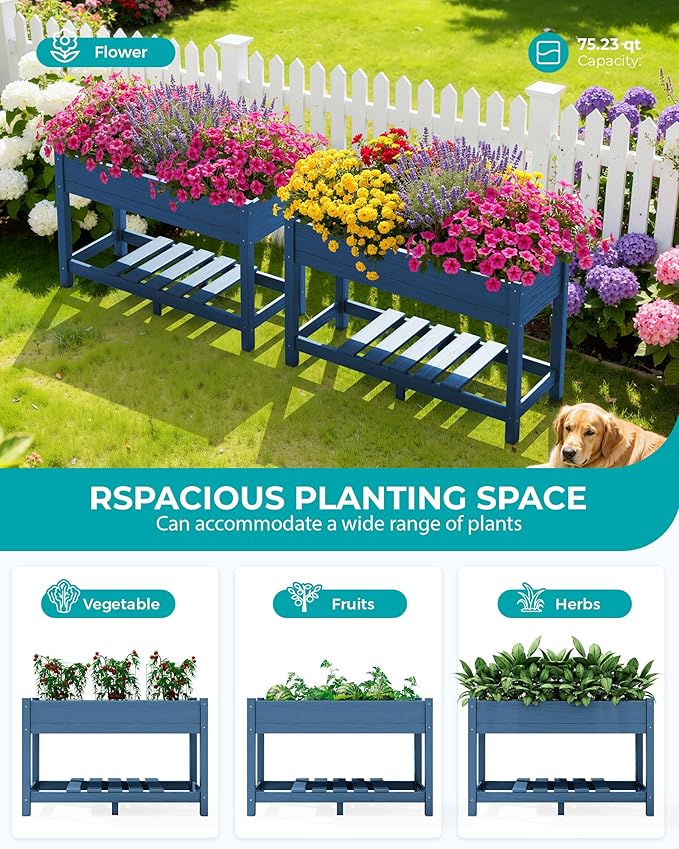 SERWALL Raised Garden Bed, HDPE Raised Bed for Gardening All Weather Use- Blue
