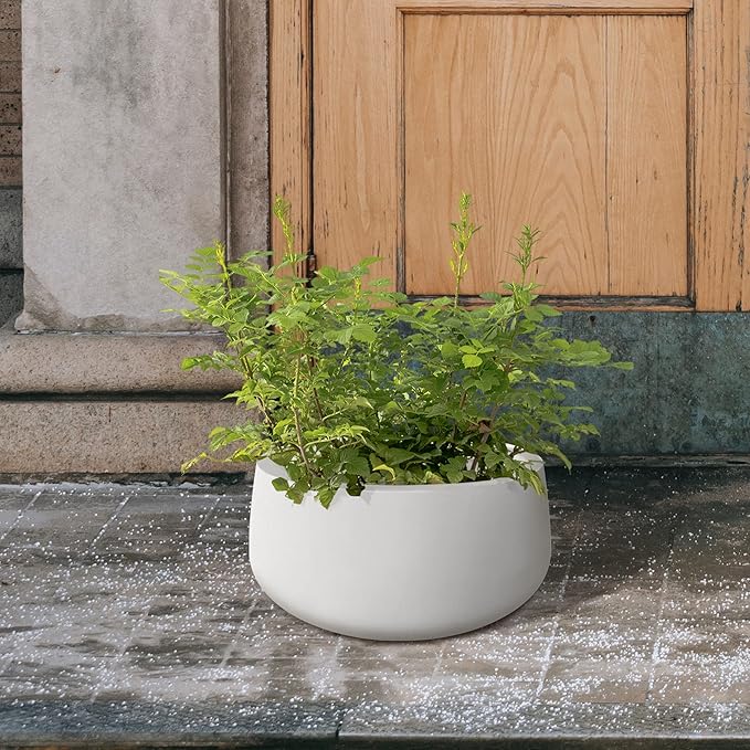 Kante 15.7" Dia Round Concrete Planter, Outdoor Indoor Garden Plant Pots with Drainage Hole and Rubber Plug, Modern Curvaceous Design, Pure White