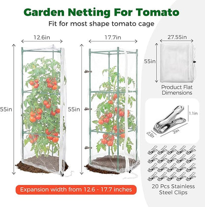3Pcs Garden Bird Netting Plant Cover for Tomato Cage, 55" x 17.7" Insect Bird Barrier Tomato Cage Net with 20 Clips, Tomato Trellis Plant Netting Cover for Square Tomatoes Cages Plants Protection