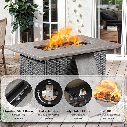 HUMMUH 7 Piece Patio Furniture Set with Fire Pit Table 41in 55,000 BTU,Wicker Outdoor Conversation Sets - Outdoor Swivel Rocker Chairs Patio Sofa for Porch,Garden,Backyard