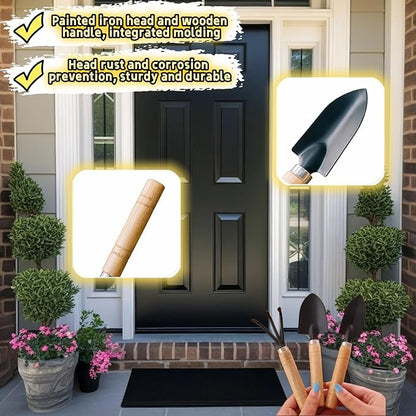 3-Piece Mini Garden Tool Set, Indoor Plant Care Kit with Wood Handle, Black Iron Tools for Potting, Transplanting and Cultivating, Compact Succulent and Houseplant Tools,Small Shovel, Trowel, Rake