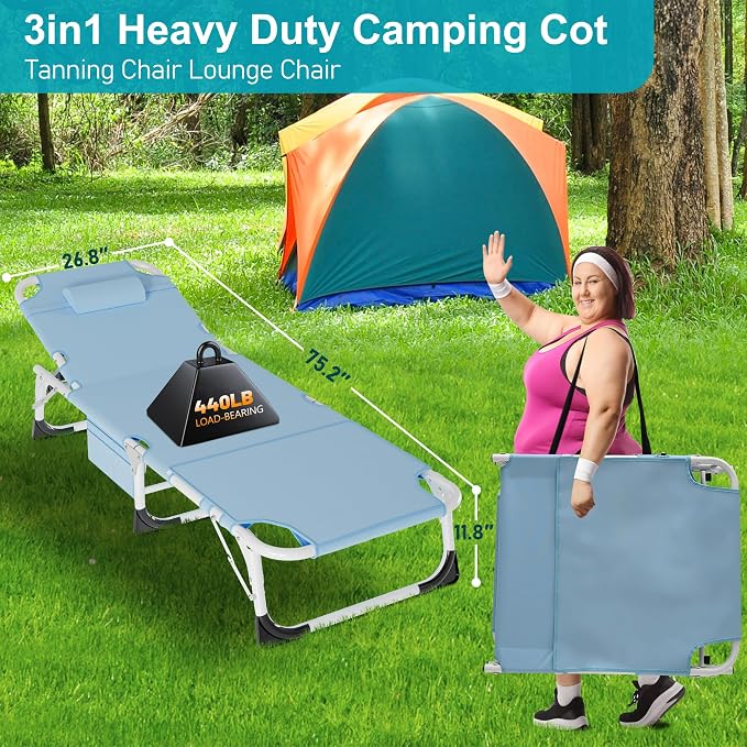 ABORON 3-in-1 Tanning Chair, 5-Position with Face and Arm Holes | 5-position reclining chair includes a removable mat, pillow, face hole and arm slots; folds flat for beach or patio use.