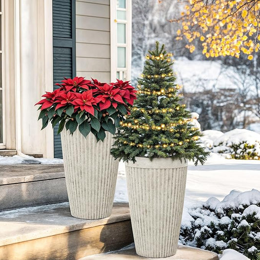 20" Resin Tall Planters for Outdoor Plants,Set of 2 Vintage Ivory Large Flower Pots with Handmade Fluted Texture,Heavy-Duty and Weather-Resistant for Porch Christmas Decor,Garden, Patio