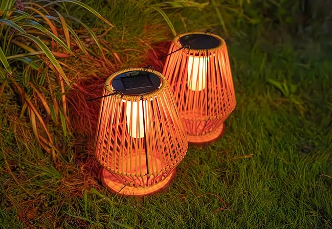 YAKii 2 Pack Solar Flame Lantern Hanging Waterproof Outdoor Handmade Solar Lamp with Dancing Flickering Flame Plastic Rattan Bohemian Style Decoration for Garden Yard Patio Porch Trees Pathway Decor