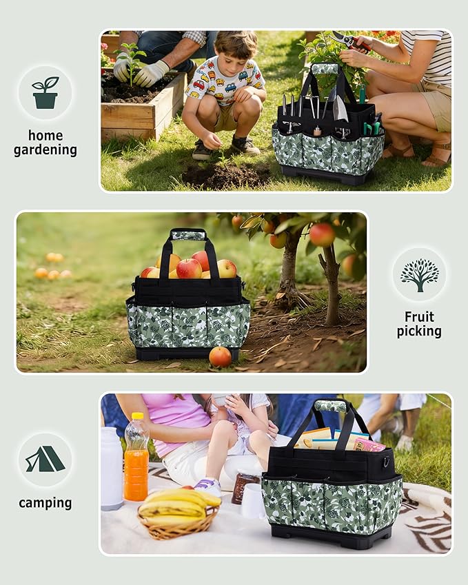 Marscamd Garden Tool Bag with Hard Bottom, Garden Tote with Shoulder Strap and Multiple Pockets (No Accessories Included), Green Rose