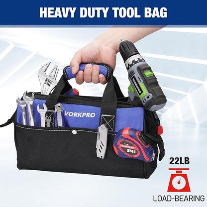 WORKPRO 13-inch Tool Bag, Wide Mouth Tool Tote Bag with Inside Pockets for Tool Storage