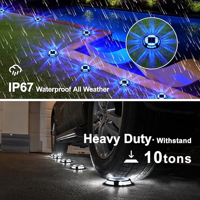 VOLISUN Solar Driveway Deck Lights Dock Marine Lights,12 Pack Solar Ground Light 2 Colors in 1 led Waterproof,Driveway Marker Light for Pathway Warning Step (White/Blue)